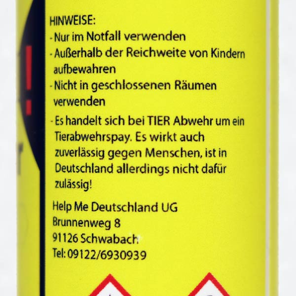 HelpMe Pfefferspray Kennzeichnung als Tierabwehrspray und deshalb legal in Deutschland