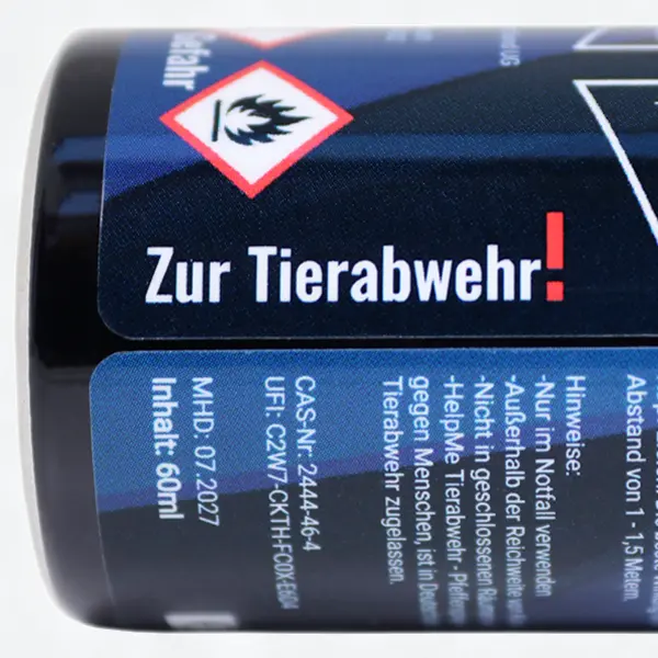 HelpMe Pfefferspray Kennzeichnung als Tierabwehrspray und deshalb legal in Deutschland